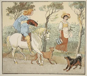 Où vas-tu, ma jolie demoiselle, illustration de The Milkmaid, pub. par Frederick Warne
